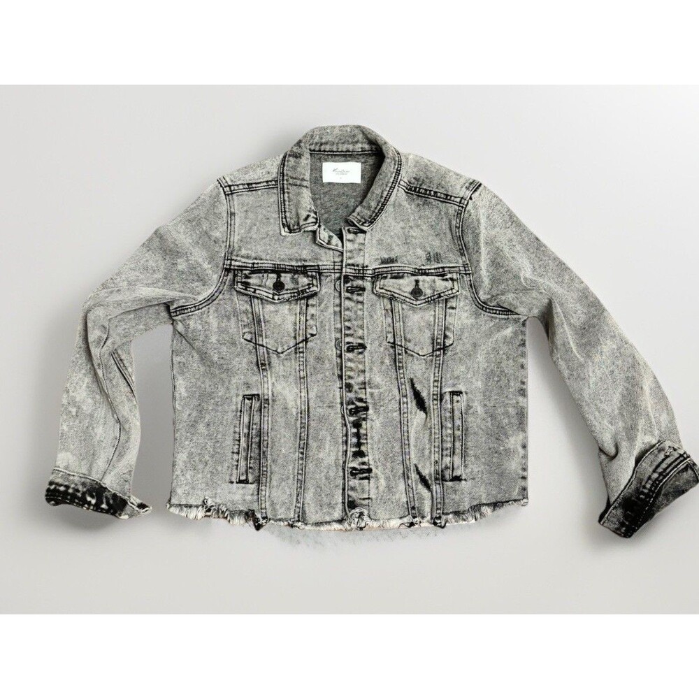 KanCan Los Angeles Denim Jacket L Acid Wash Black Gray Distressed Cropped